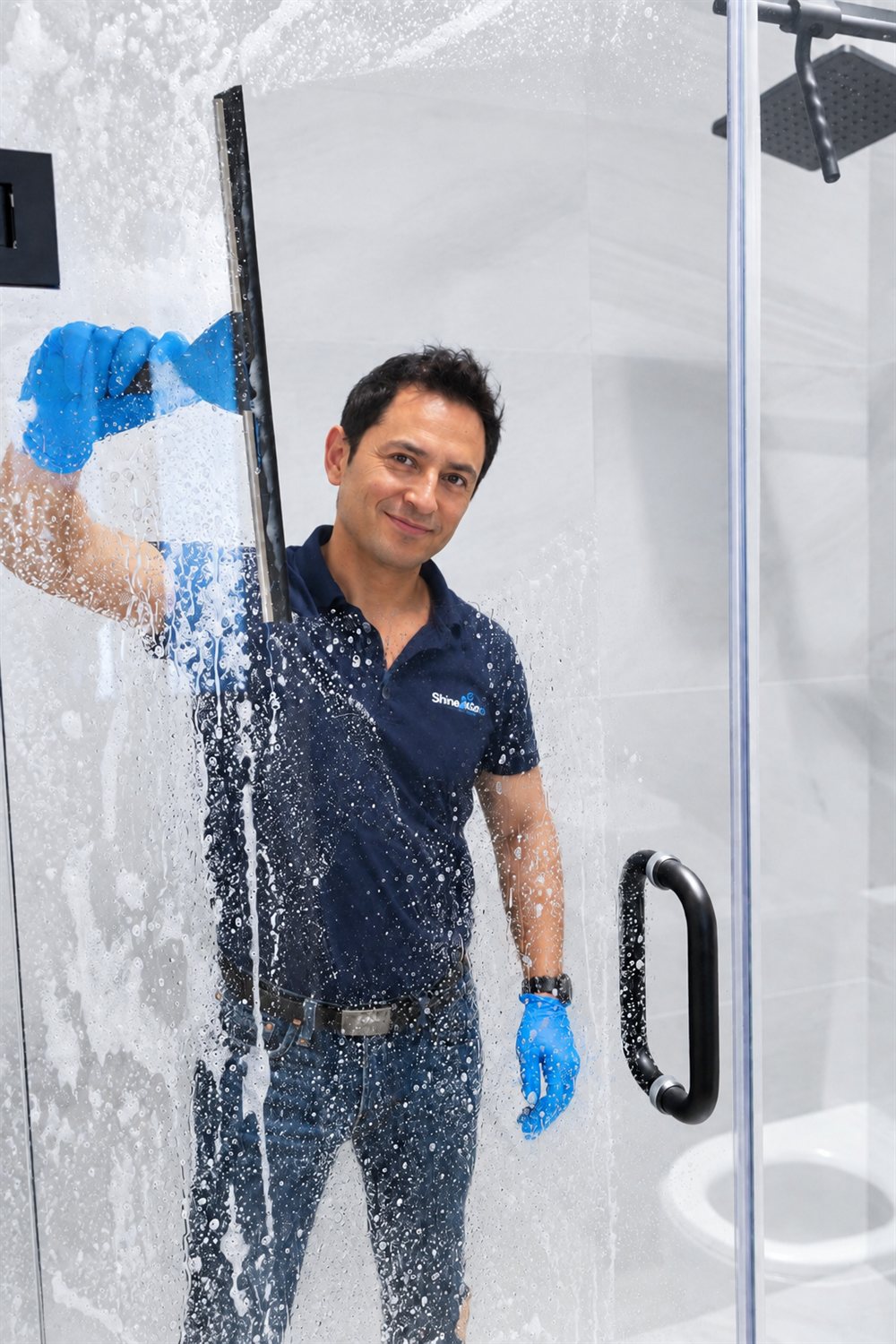 A Shine&Go NZ team member squeegeeing a glass shower screen until it is streak-free